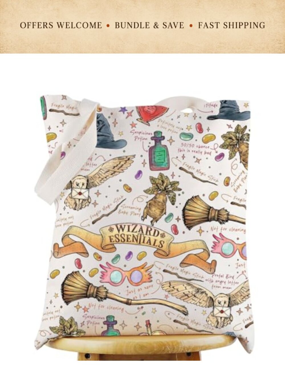 Wizard Tote Bag Magic Book Lover Reusable Grocery Canvas
